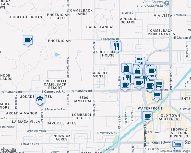 map of restaurants, bars, coffee shops, grocery stores, and more near 4602 North 66th Street in Scottsdale