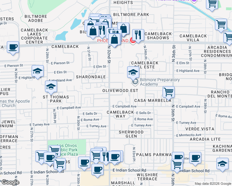 map of restaurants, bars, coffee shops, grocery stores, and more near 3208 East Meadowbrook Avenue in Phoenix