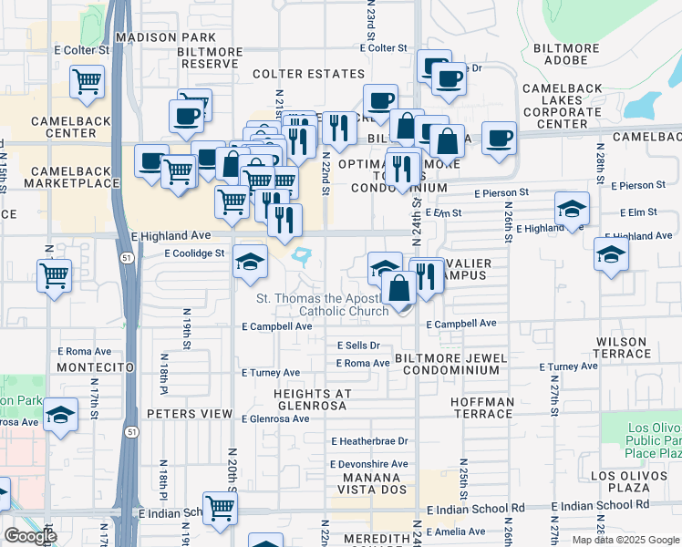 map of restaurants, bars, coffee shops, grocery stores, and more near 4615 North 22nd Street in Phoenix