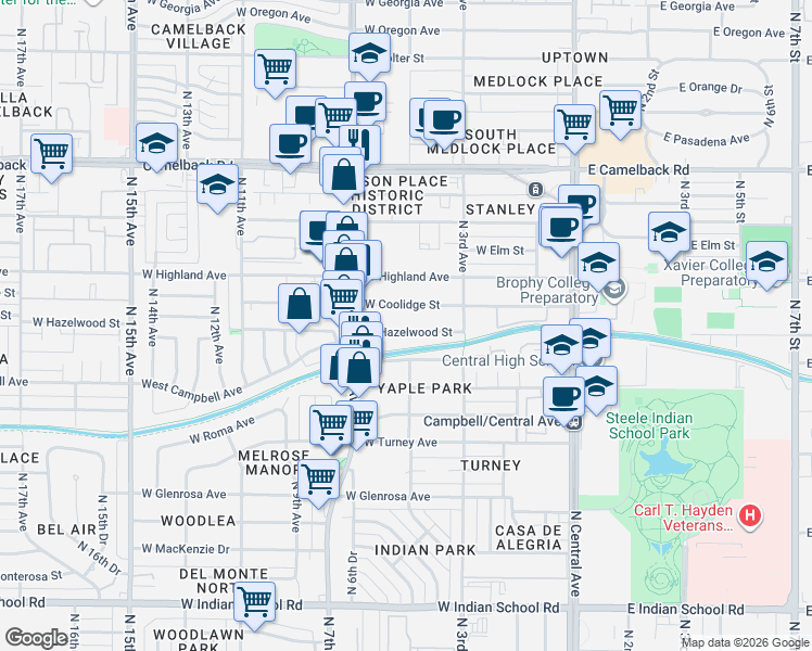 map of restaurants, bars, coffee shops, grocery stores, and more near 344 West Hazelwood Street in Phoenix
