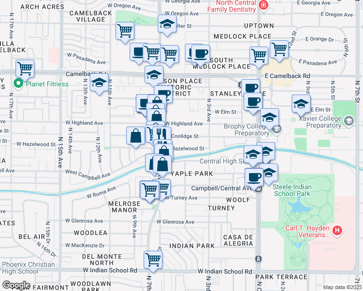map of restaurants, bars, coffee shops, grocery stores, and more near 344 West Hazelwood Street in Phoenix