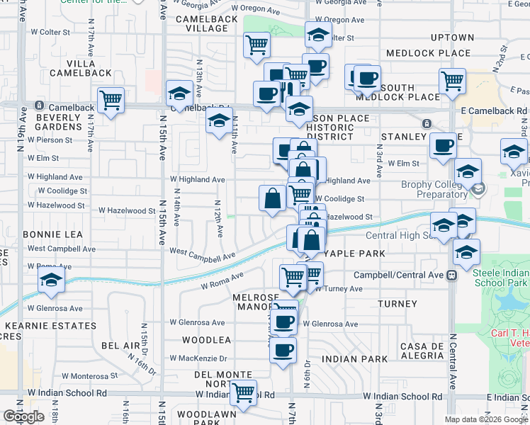 map of restaurants, bars, coffee shops, grocery stores, and more near 722 West Hazelwood Street in Phoenix