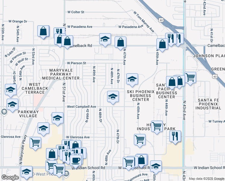 map of restaurants, bars, coffee shops, grocery stores, and more near 4811 West Hazelwood Street in Phoenix