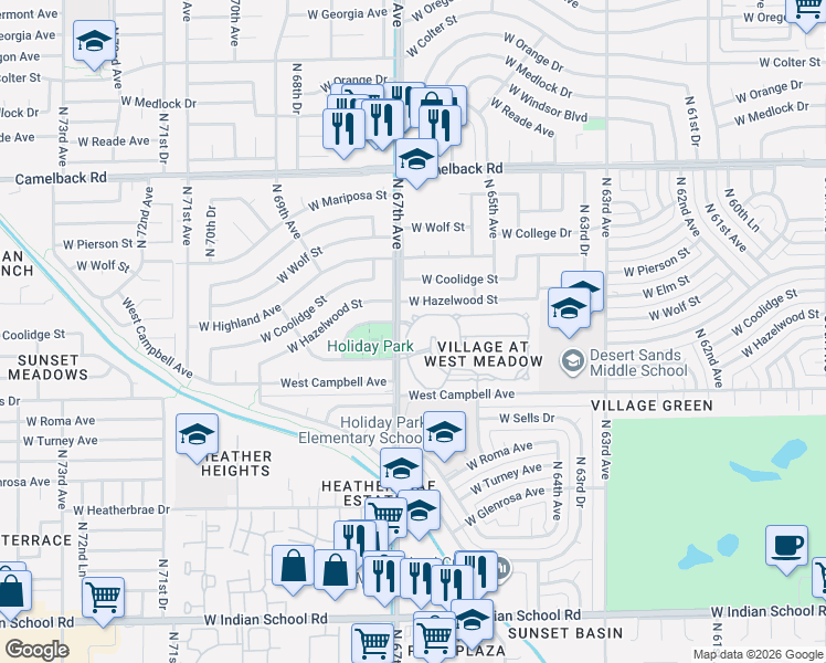 map of restaurants, bars, coffee shops, grocery stores, and more near North 67th Avenue in Phoenix