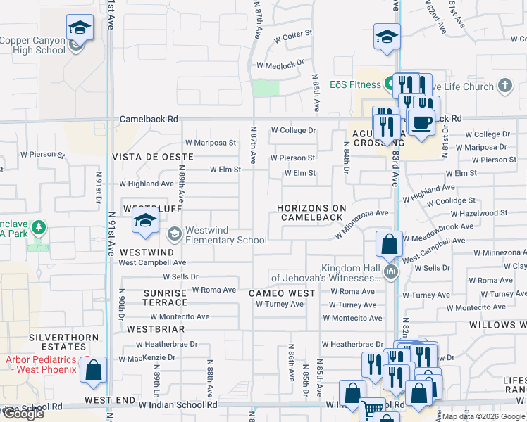 map of restaurants, bars, coffee shops, grocery stores, and more near 4556 North 87th Avenue in Phoenix
