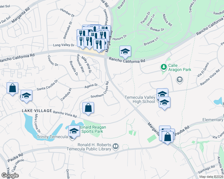 map of restaurants, bars, coffee shops, grocery stores, and more near 42812 Agena Street in Temecula