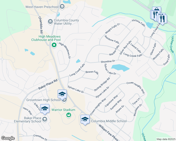 map of restaurants, bars, coffee shops, grocery stores, and more near 319 Bowen Falls in Grovetown