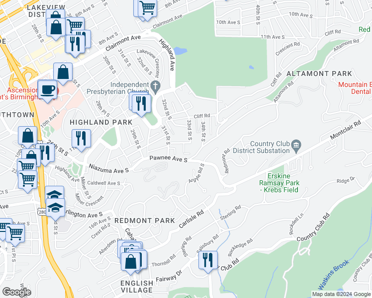 map of restaurants, bars, coffee shops, grocery stores, and more near 3350 Altamont Road South in Birmingham