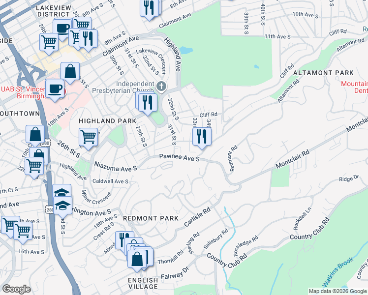 map of restaurants, bars, coffee shops, grocery stores, and more near 1327 31st Street South in Birmingham