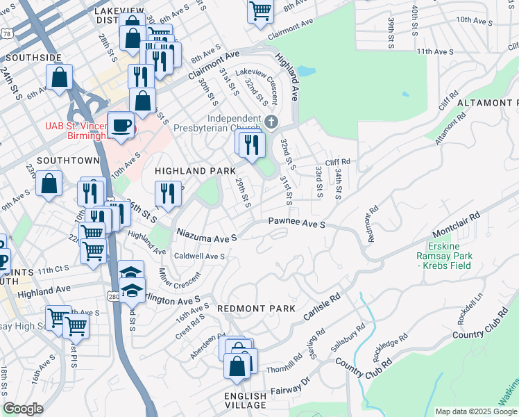 map of restaurants, bars, coffee shops, grocery stores, and more near 1242 29th Street South in Birmingham