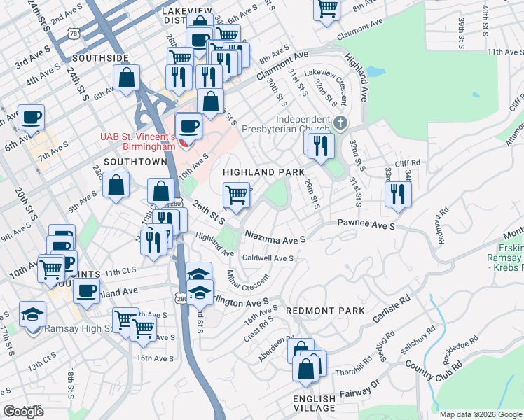 map of restaurants, bars, coffee shops, grocery stores, and more near 2727 Highland Avenue in Birmingham