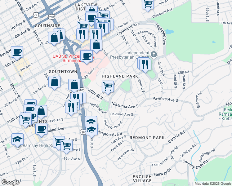 map of restaurants, bars, coffee shops, grocery stores, and more near 2620 Highland Avenue in Birmingham