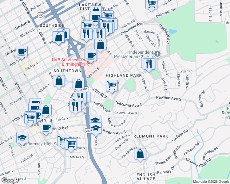 map of restaurants, bars, coffee shops, grocery stores, and more near 2620 Highland Avenue in Birmingham