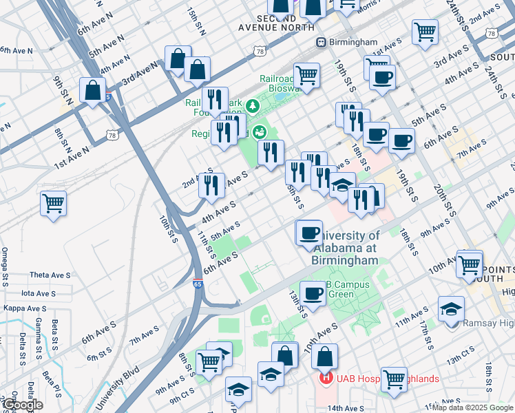 map of restaurants, bars, coffee shops, grocery stores, and more near 1300 5th Avenue South in Birmingham