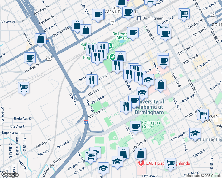 map of restaurants, bars, coffee shops, grocery stores, and more near 1300 5th Avenue South in Birmingham