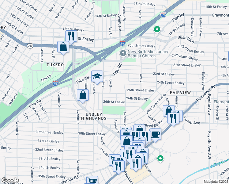 map of restaurants, bars, coffee shops, grocery stores, and more near 2112 25th Street Ensley in Birmingham