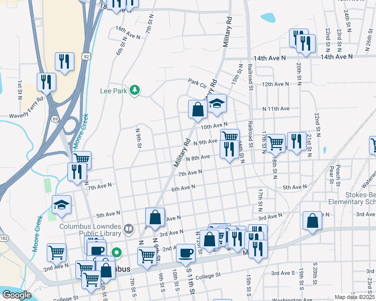 map of restaurants, bars, coffee shops, grocery stores, and more near 1210 North 8th Avenue in Columbus