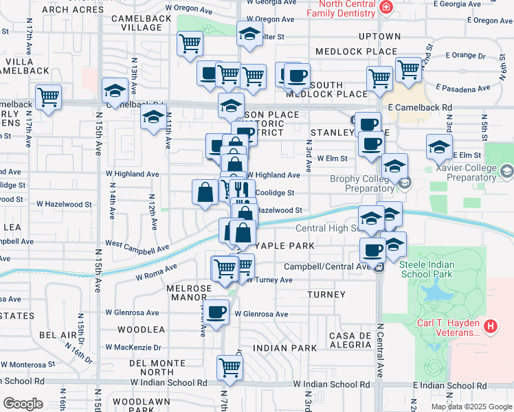 map of restaurants, bars, coffee shops, grocery stores, and more near 640 West Hazelwood Street in Phoenix