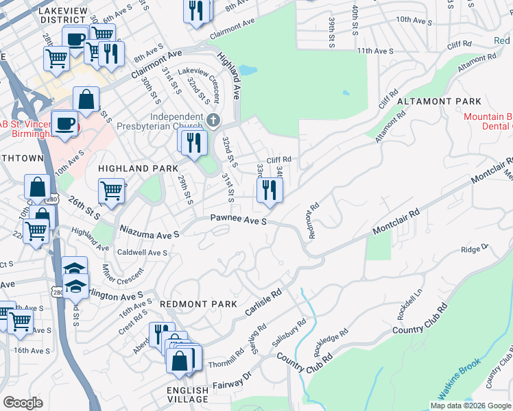 map of restaurants, bars, coffee shops, grocery stores, and more near 3350 Altamont Road South in Birmingham