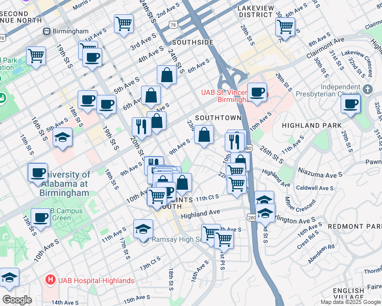 map of restaurants, bars, coffee shops, grocery stores, and more near 915 22nd Street South in Birmingham