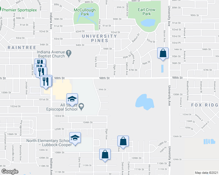 map of restaurants, bars, coffee shops, grocery stores, and more near 3102 99th Street in Lubbock