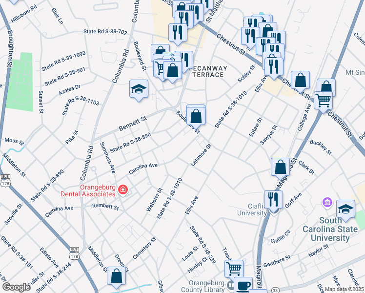map of restaurants, bars, coffee shops, grocery stores, and more near 1933 Carolina Avenue in Orangeburg