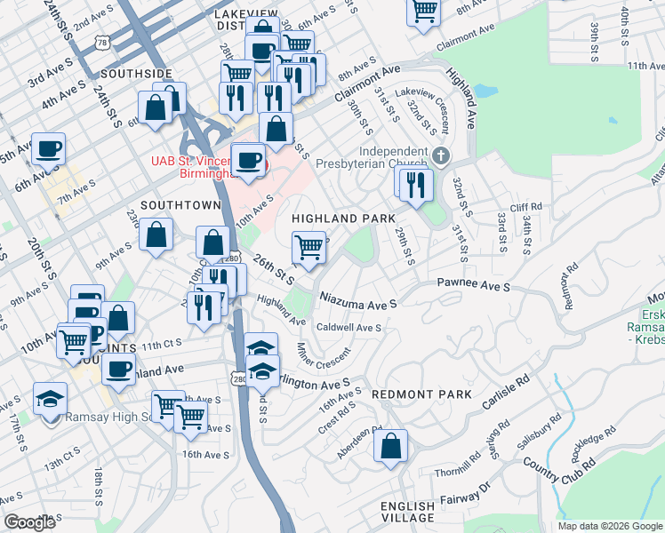 map of restaurants, bars, coffee shops, grocery stores, and more near 2620 Highland Avenue in Birmingham