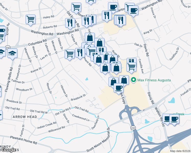 map of restaurants, bars, coffee shops, grocery stores, and more near 257 Settlement Road in Martinez