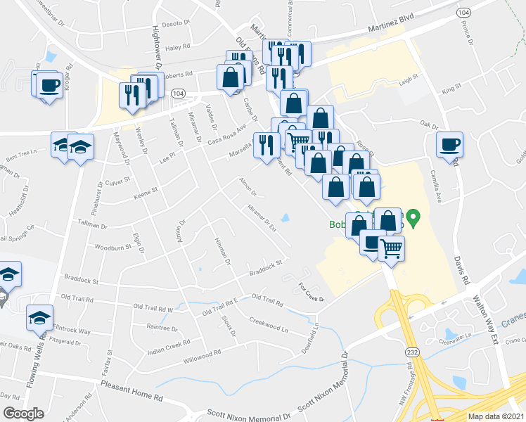 map of restaurants, bars, coffee shops, grocery stores, and more near 3895 Miramar Drive Extension in Martinez