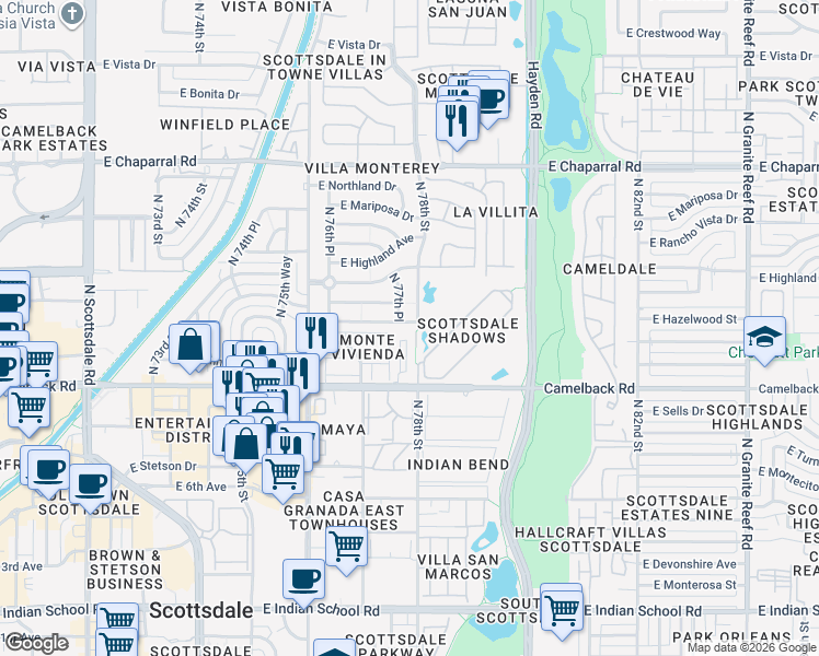 map of restaurants, bars, coffee shops, grocery stores, and more near 7761 East Meadowbrook Avenue in Scottsdale
