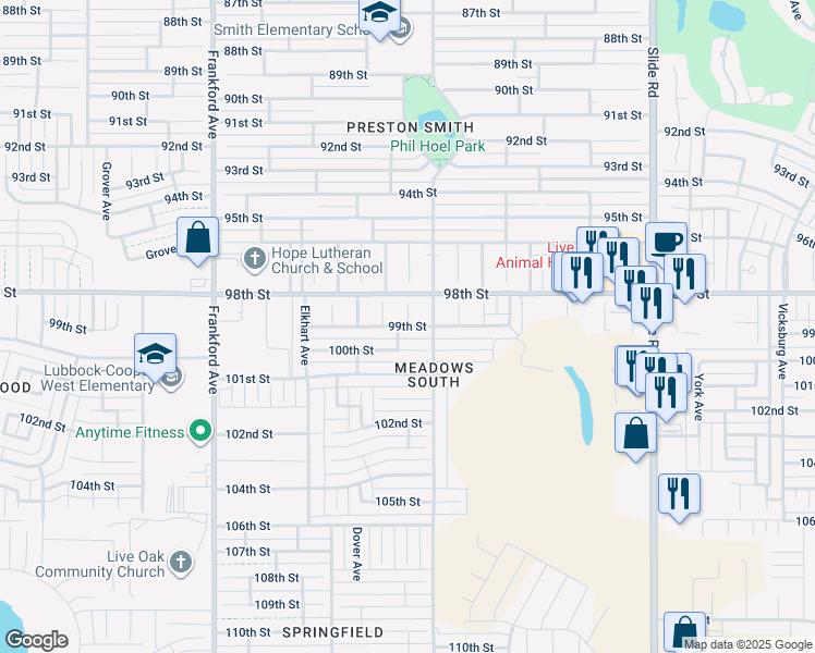 map of restaurants, bars, coffee shops, grocery stores, and more near 9899 Clinton Avenue in Lubbock