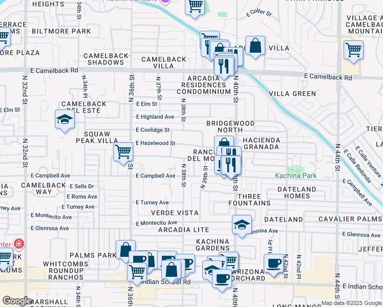 map of restaurants, bars, coffee shops, grocery stores, and more near 3818 East Meadowbrook Avenue in Phoenix