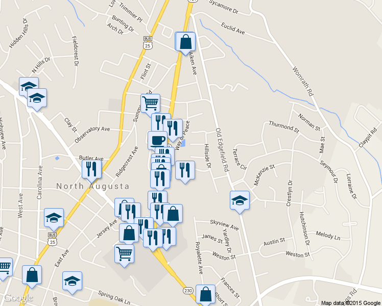 map of restaurants, bars, coffee shops, grocery stores, and more near 411 Julia Avenue in North Augusta