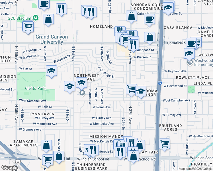 map of restaurants, bars, coffee shops, grocery stores, and more near 4542 North 28th Drive in Phoenix