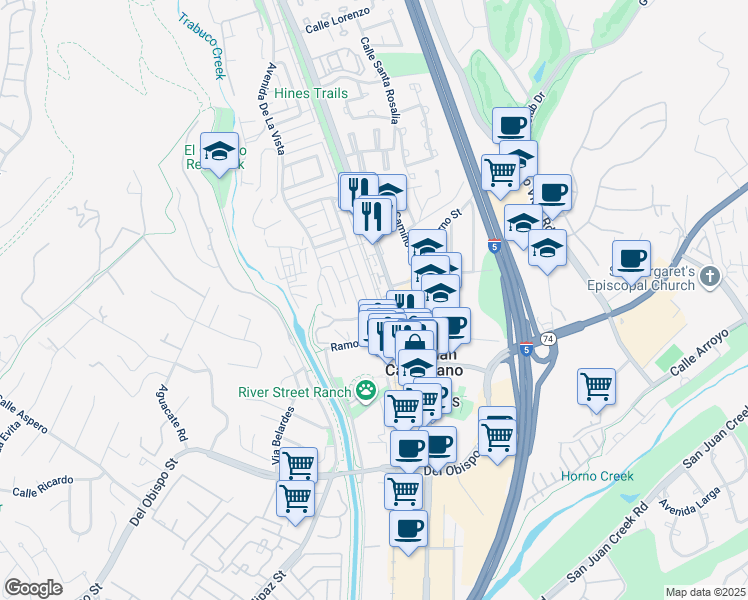 map of restaurants, bars, coffee shops, grocery stores, and more near 31608 Los Rios Street in San Juan Capistrano