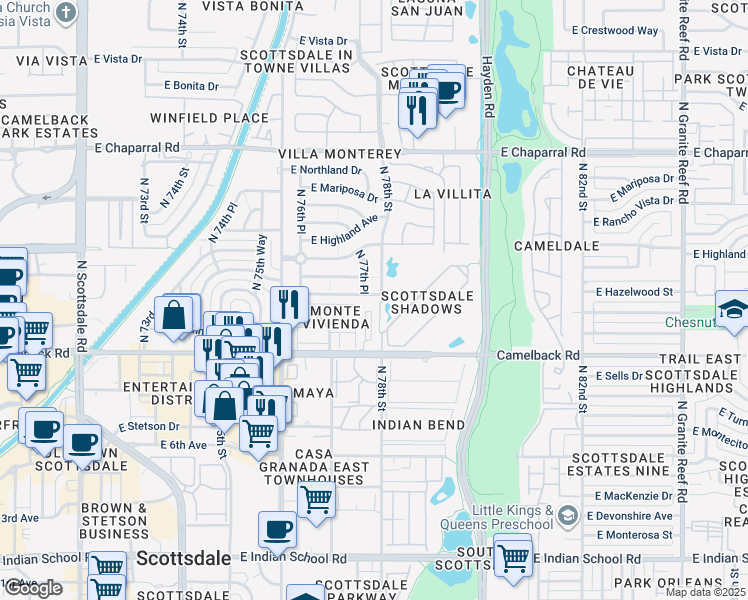 map of restaurants, bars, coffee shops, grocery stores, and more near 7761 East Meadowbrook Avenue in Scottsdale
