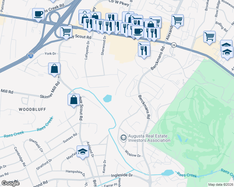 map of restaurants, bars, coffee shops, grocery stores, and more near 3030 Pointewest Drive in Augusta