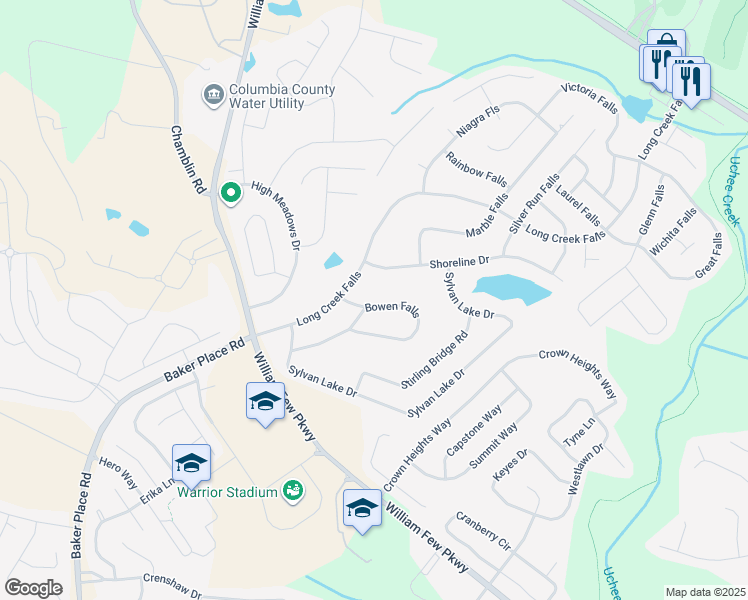 map of restaurants, bars, coffee shops, grocery stores, and more near 319 Bowen Falls in Grovetown
