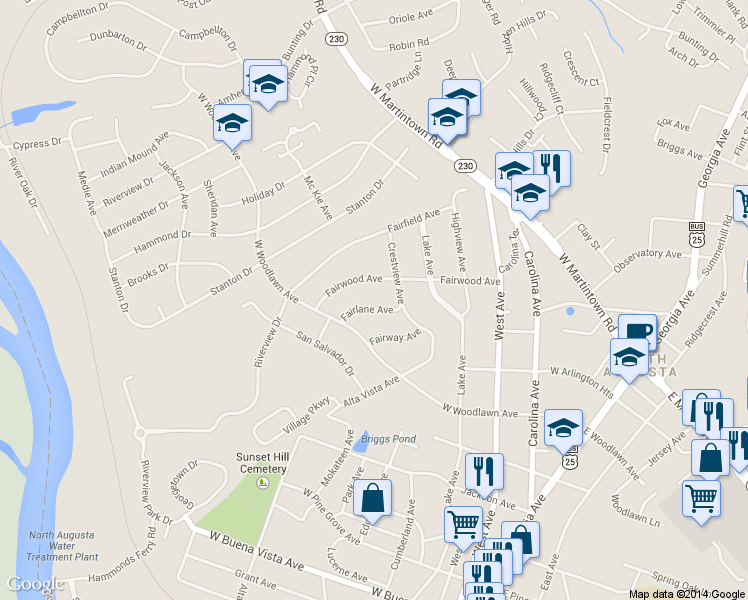 map of restaurants, bars, coffee shops, grocery stores, and more near 910 Fairlane Ave in North Augusta