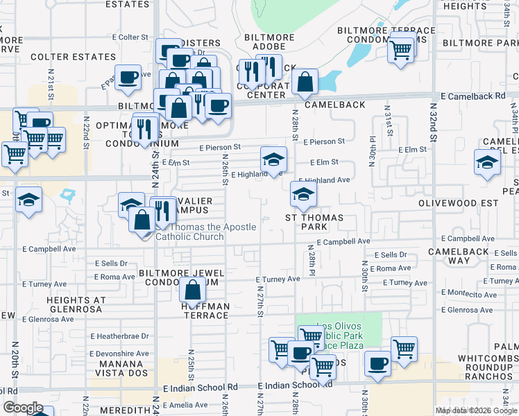 map of restaurants, bars, coffee shops, grocery stores, and more near 4612 North 28th Street in Phoenix