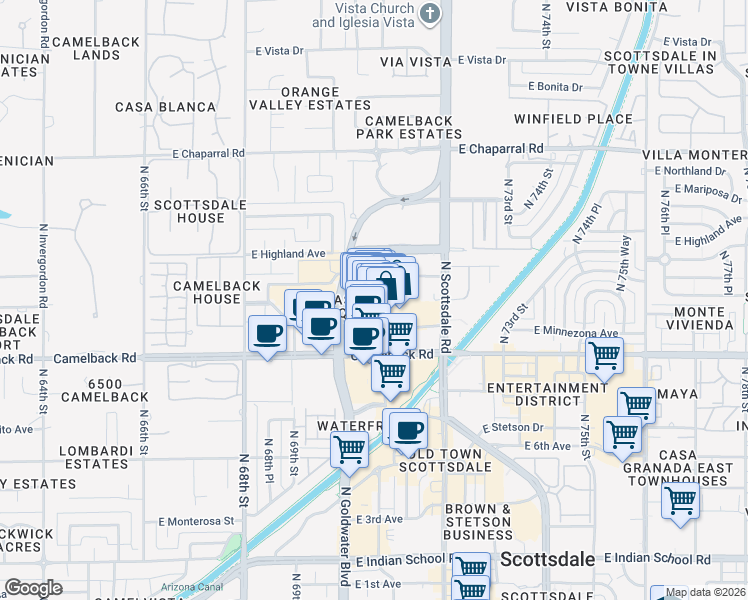 map of restaurants, bars, coffee shops, grocery stores, and more near 7014 East Camelback Road in Scottsdale