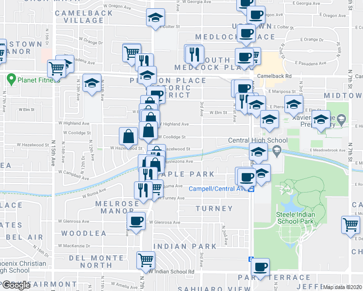 map of restaurants, bars, coffee shops, grocery stores, and more near 344 West Hazelwood Street in Phoenix