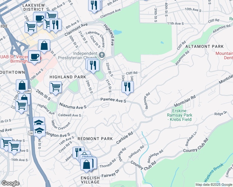 map of restaurants, bars, coffee shops, grocery stores, and more near 1327 31st Street South in Birmingham