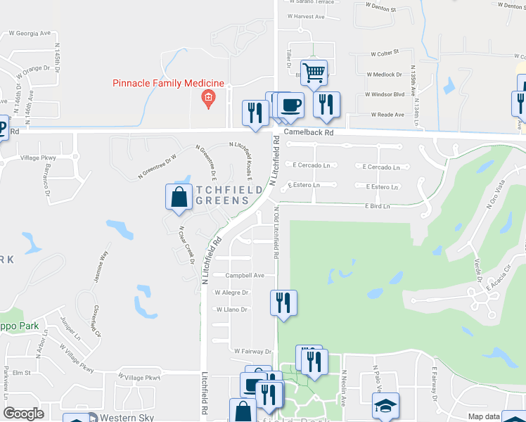 map of restaurants, bars, coffee shops, grocery stores, and more near 617 North Alcala Drive in Litchfield Park