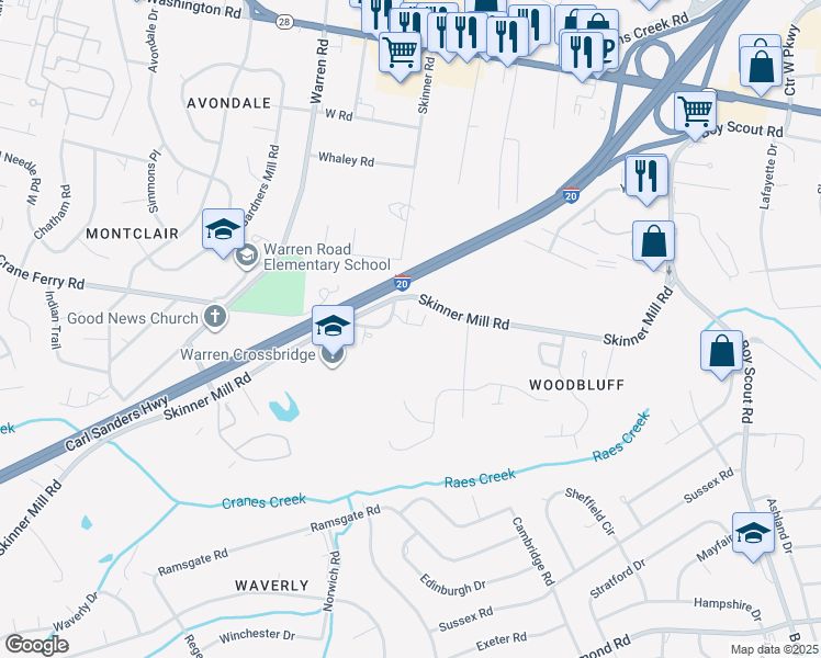 map of restaurants, bars, coffee shops, grocery stores, and more near 16 Mulberry Lane in Augusta