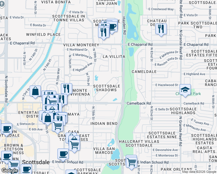map of restaurants, bars, coffee shops, grocery stores, and more near 7930 East Camelback Road in Scottsdale