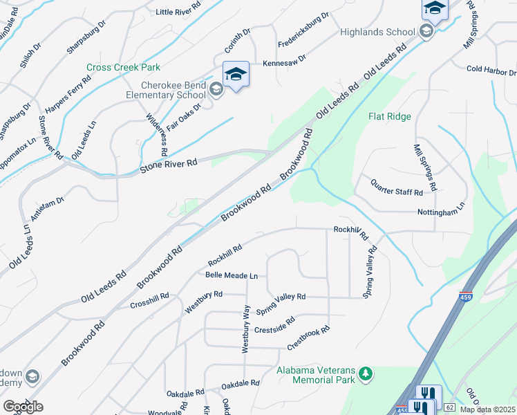 map of restaurants, bars, coffee shops, grocery stores, and more near 3723 Brookwood Road in Birmingham