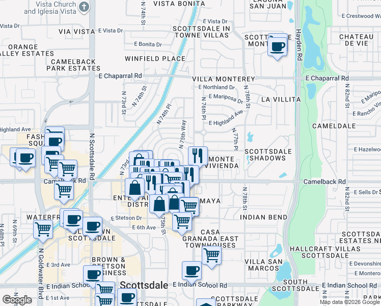 map of restaurants, bars, coffee shops, grocery stores, and more near 4607 North 75th Way in Scottsdale