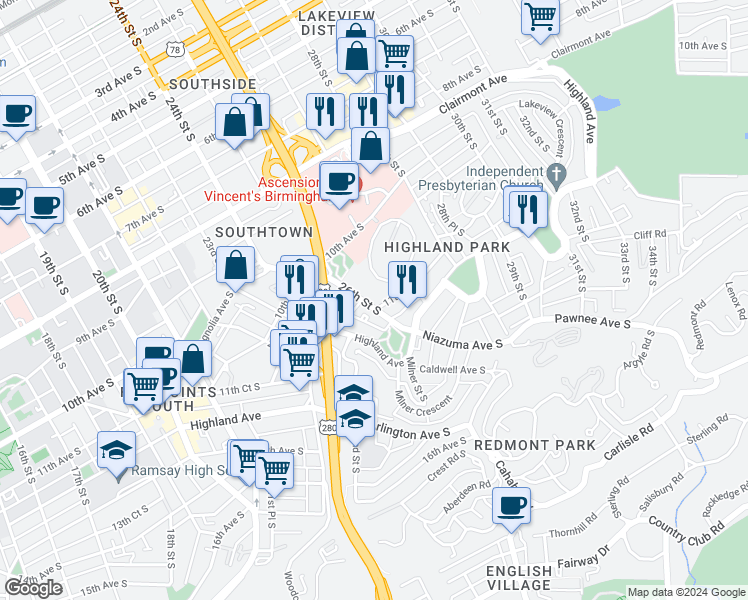 map of restaurants, bars, coffee shops, grocery stores, and more near 2603 11th Avenue South in Birmingham
