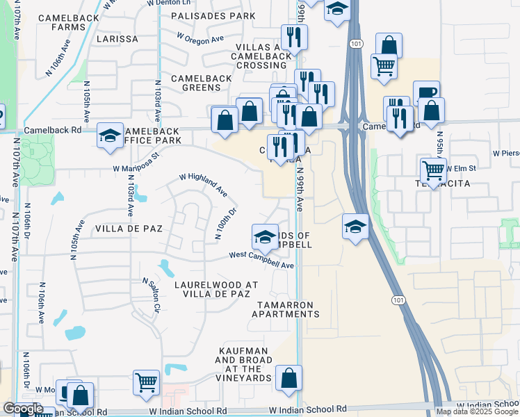 map of restaurants, bars, coffee shops, grocery stores, and more near 10014 West Madrugada Court in Phoenix